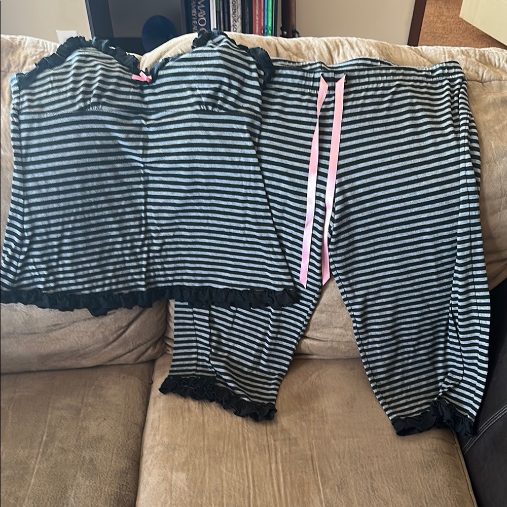 Striped Black and Gray Pajama Set with Pink Accents